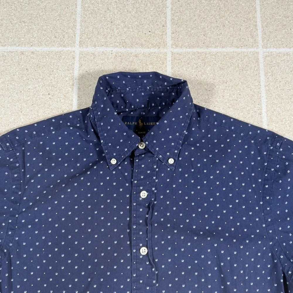 Polo Ralph Lauren Button Down Shirt Short Sleeve Navy Blue Polka Dot Sz M